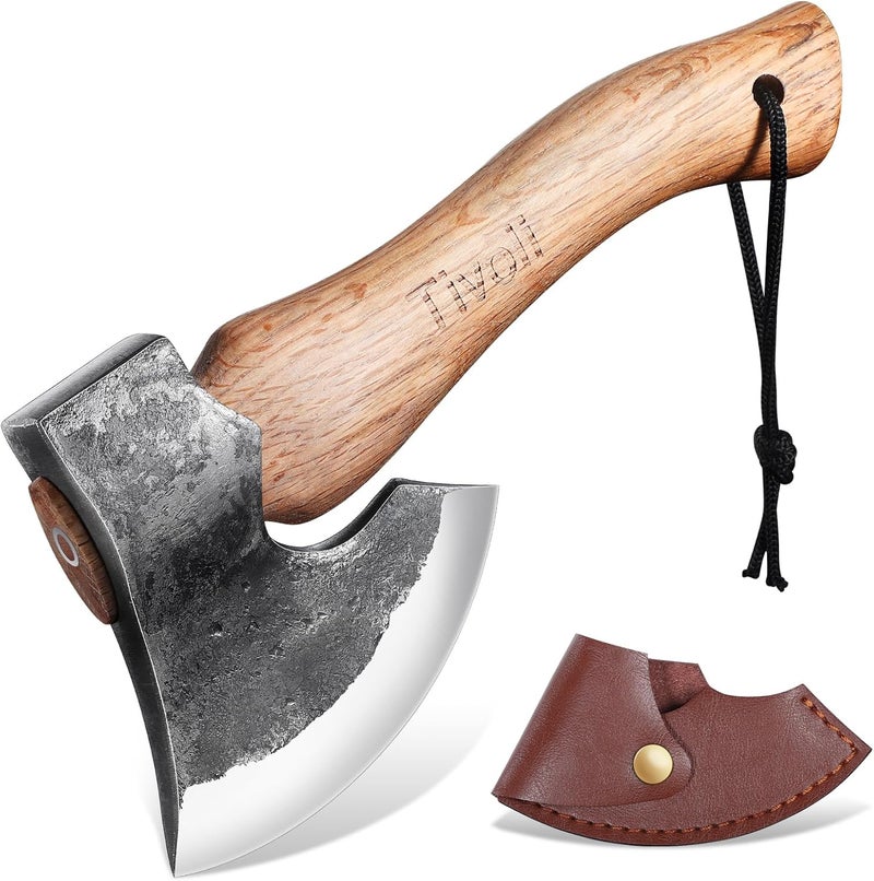 Tivoli 9-inch Small Hatchet Axe for Camping, Small Wood Hatchet Hand Axe, Hand Forged Carbon Steel Short Camp Axe for Chopping Wood, Ash Wood Handle, Retro Sheath - Image 1